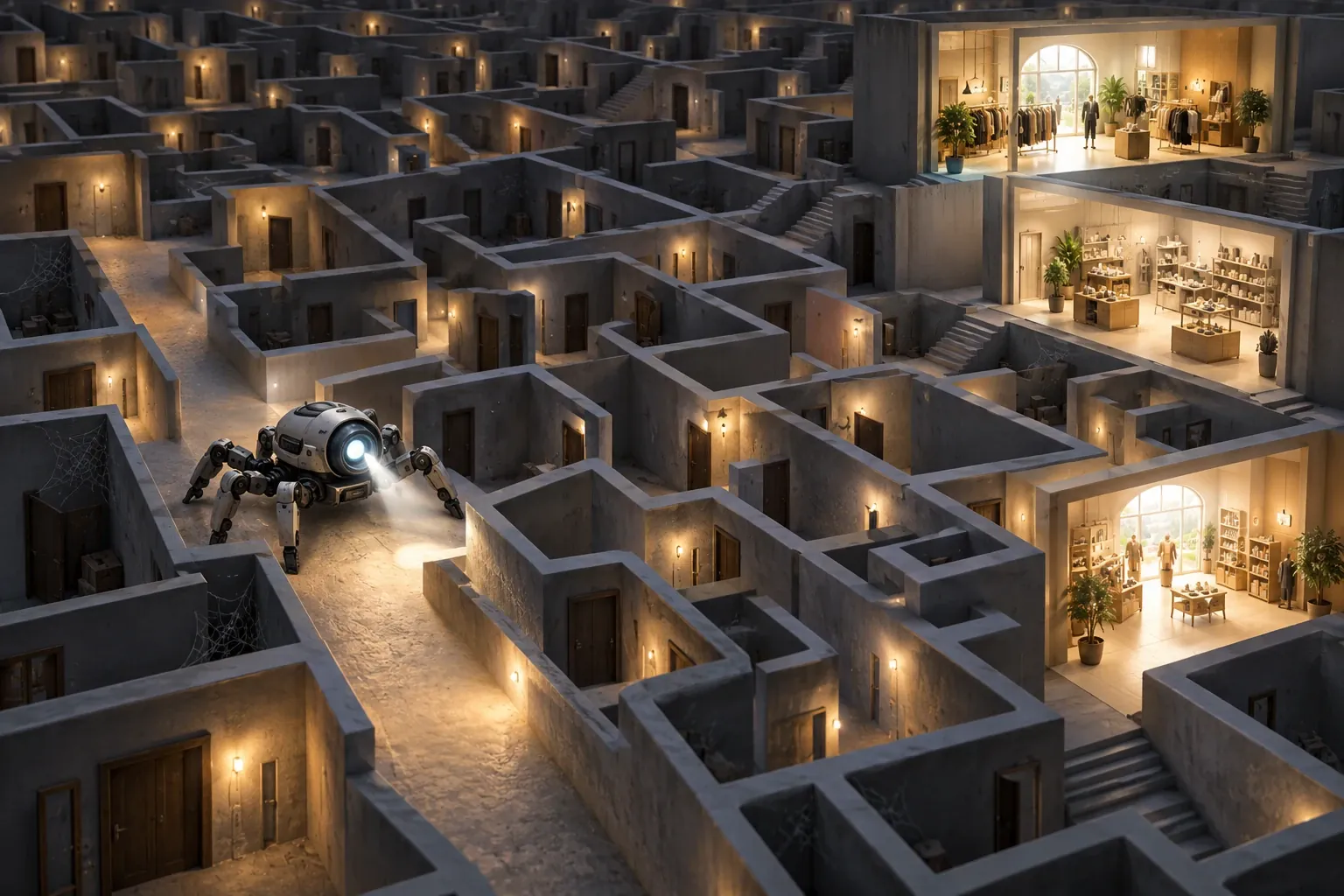 A crawler robot searching a maze of empty rooms while lit shopfronts sit unvisited