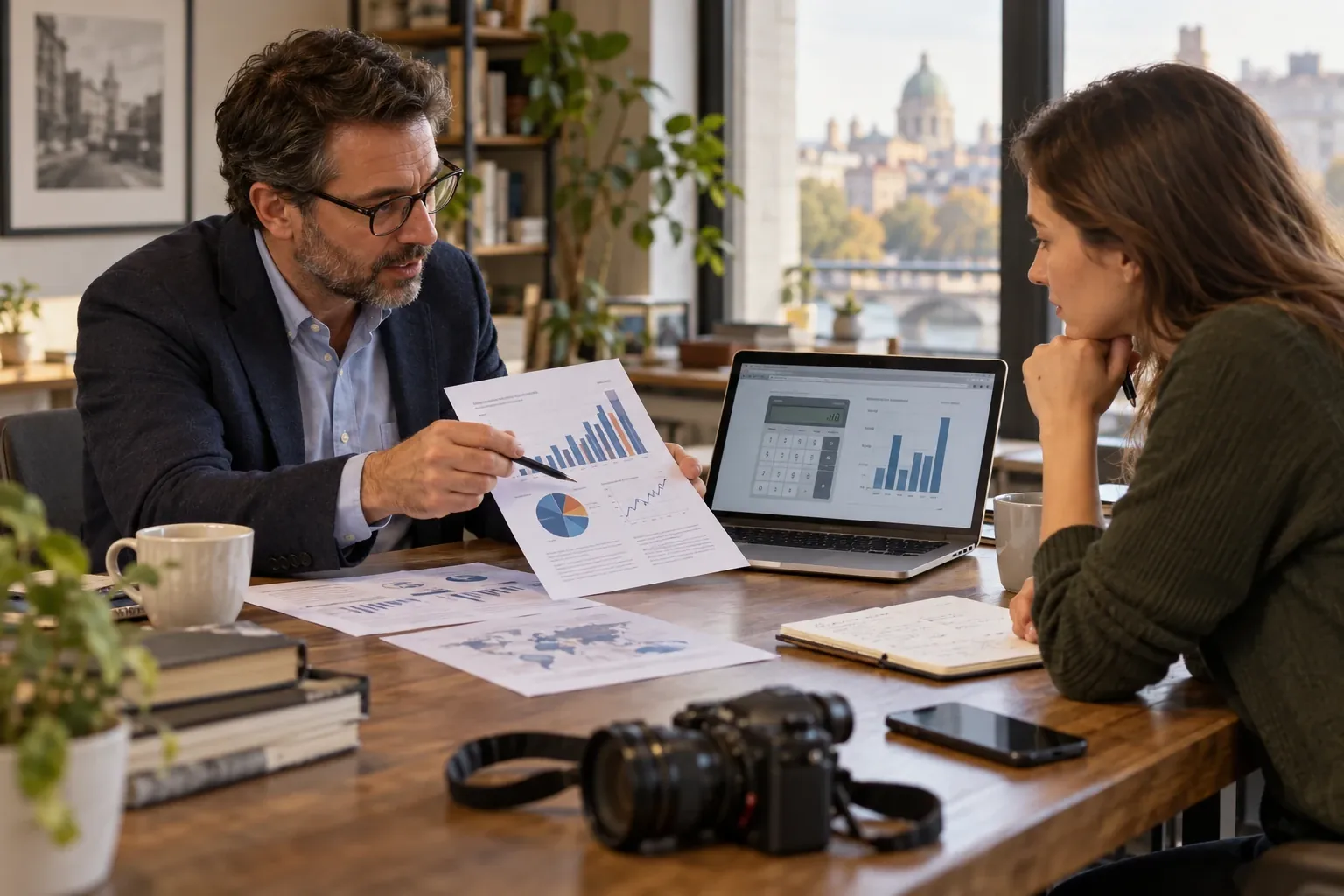 Two people reviewing a data report together, with a camera resting on the desk