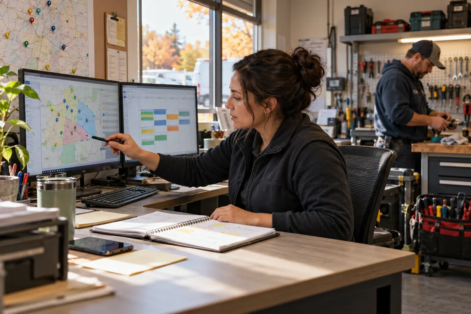 A dispatcher grouping maintenance appointments by neighbourhood on a map and schedule