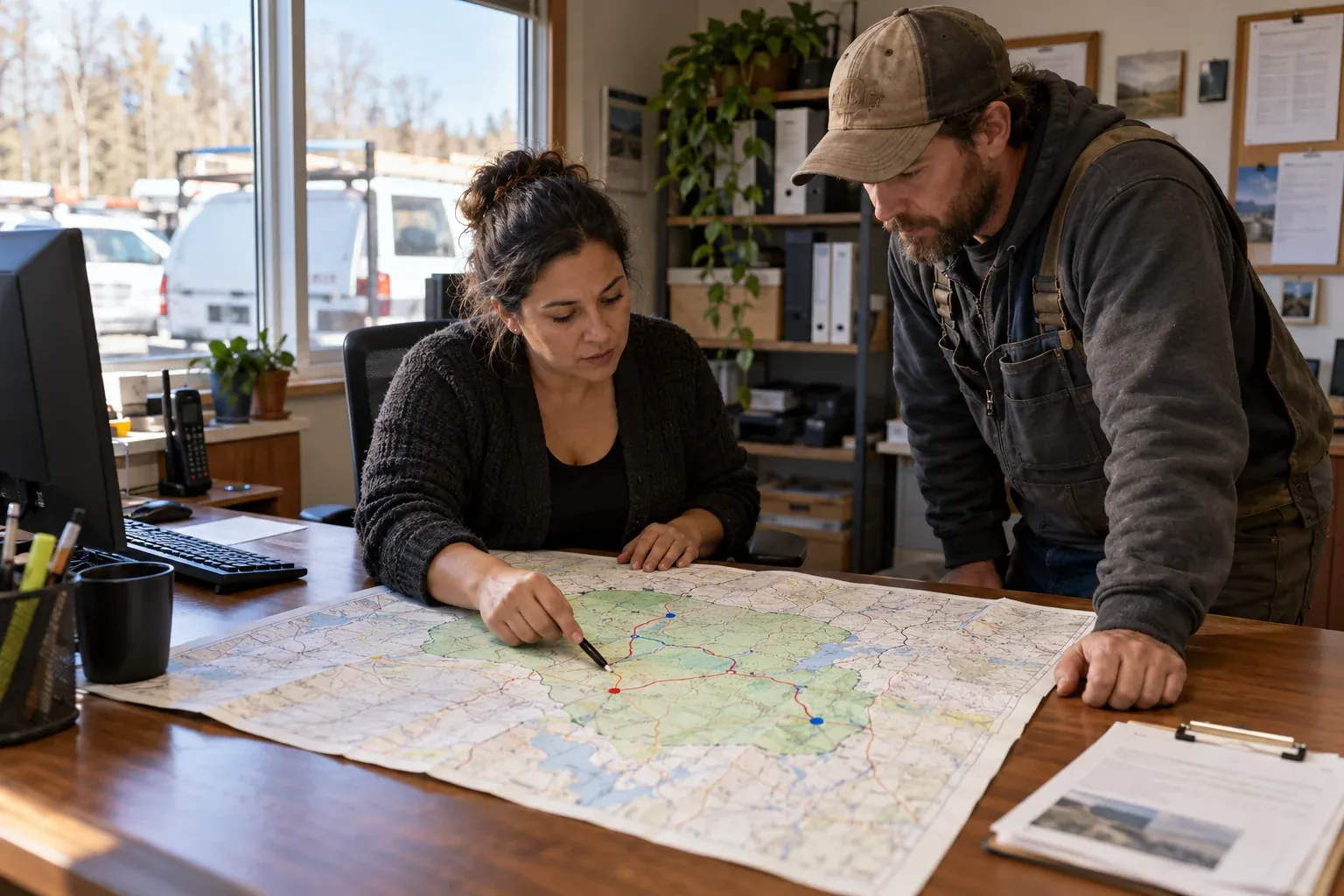 A dispatcher and a technician marking the real service territory on a printed map