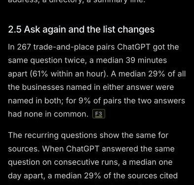 Screenshot of the study's findings on how the list of recommended businesses changed when the same question was asked again
