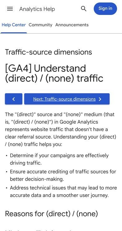 Screenshot of Google Analytics Help explaining that direct traffic is traffic without a clear referral source