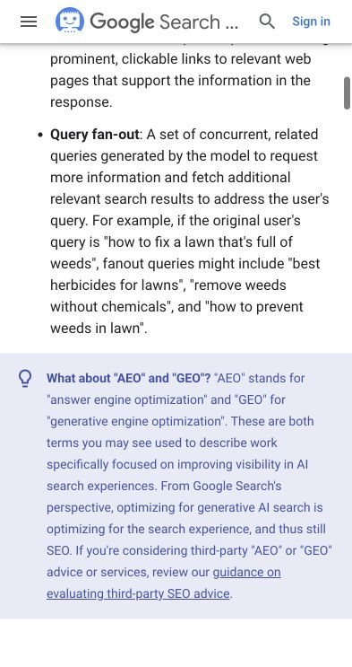 Screenshot of Google's AI optimisation guide explaining that AEO and GEO are, from Google Search's perspective, still SEO