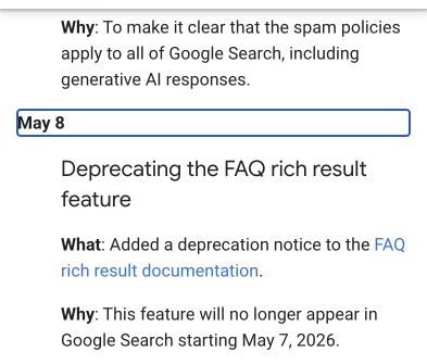 Screenshot of Google's documentation changelog announcing that FAQ rich results would no longer appear from 7 May 2026
