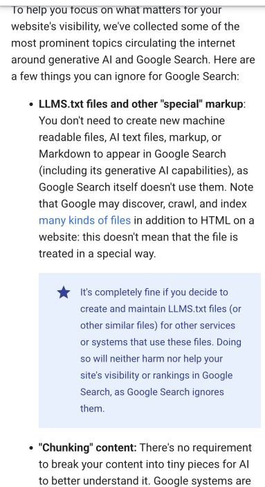 Screenshot of Google's guidance that llms.txt files and other special markup are not needed for Google Search