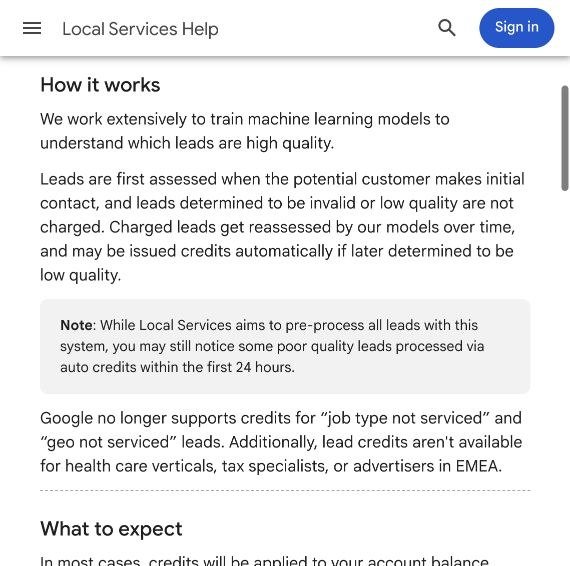 Screenshot of Local Services Help explaining automatic lead credits and the credit reasons Google no longer supports