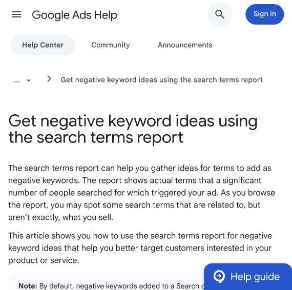 Screenshot of Google Ads Help on getting negative keyword ideas from the search terms report