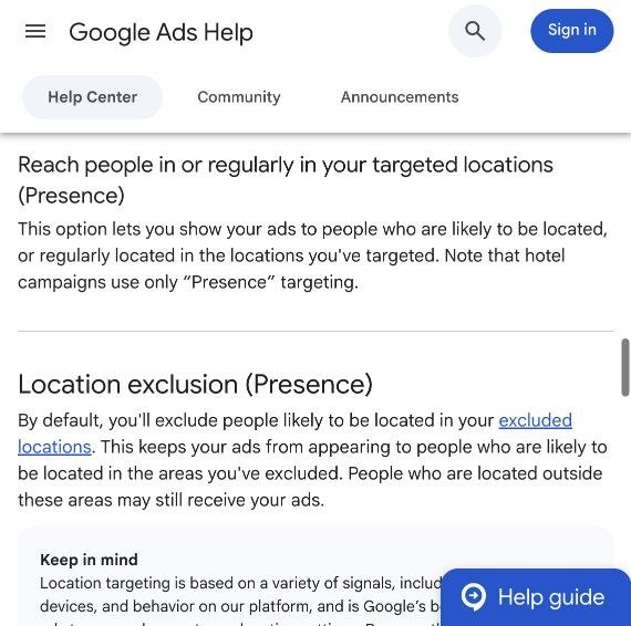 Screenshot of Google Ads Help describing Presence targeting and Presence location exclusions