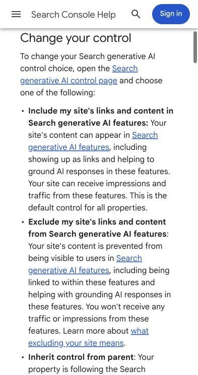 Screenshot of Search Console Help explaining the include, exclude and inherit choices for Search generative AI features