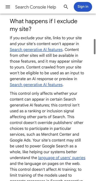Screenshot of Search Console Help describing what happens when a site is excluded and confirming the control is not a ranking signal for other Search features