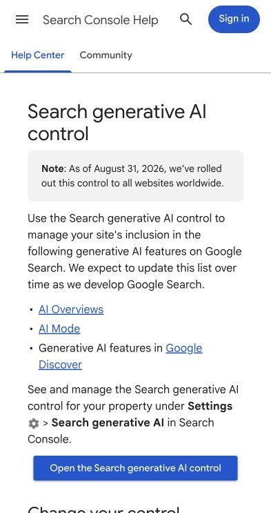 Screenshot of Search Console Help showing the Search generative AI control, its worldwide rollout on 31 August 2026 and the features it covers
