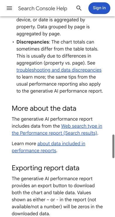 Screenshot of Search Console Help explaining that generative AI report data is included in the Web search type of the Performance report