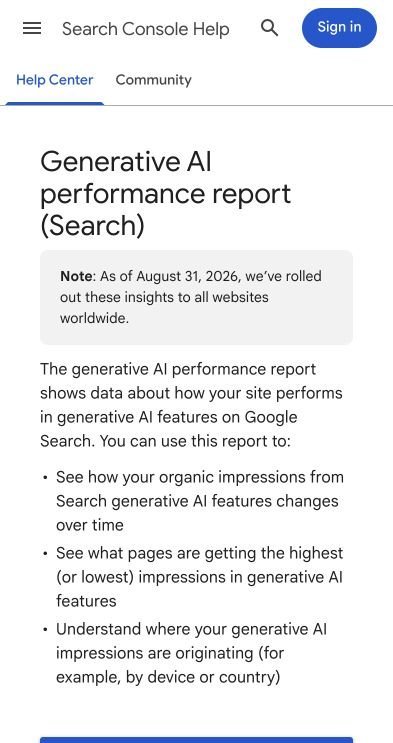 Screenshot of Search Console Help describing the Generative AI performance report and its worldwide rollout