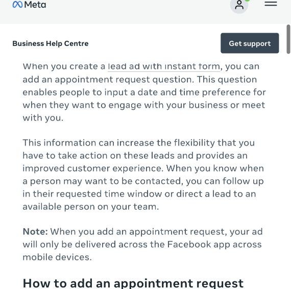 Screenshot of Meta Business Help Centre on adding an appointment request question to an instant form