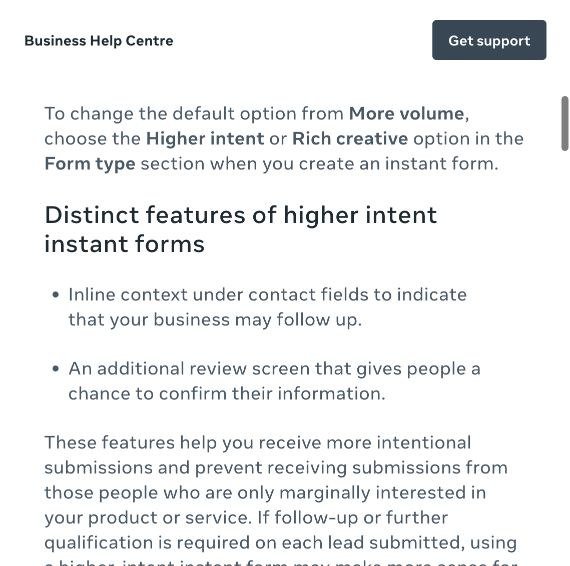 Screenshot of Meta Business Help Centre describing Higher intent instant forms and their review screen