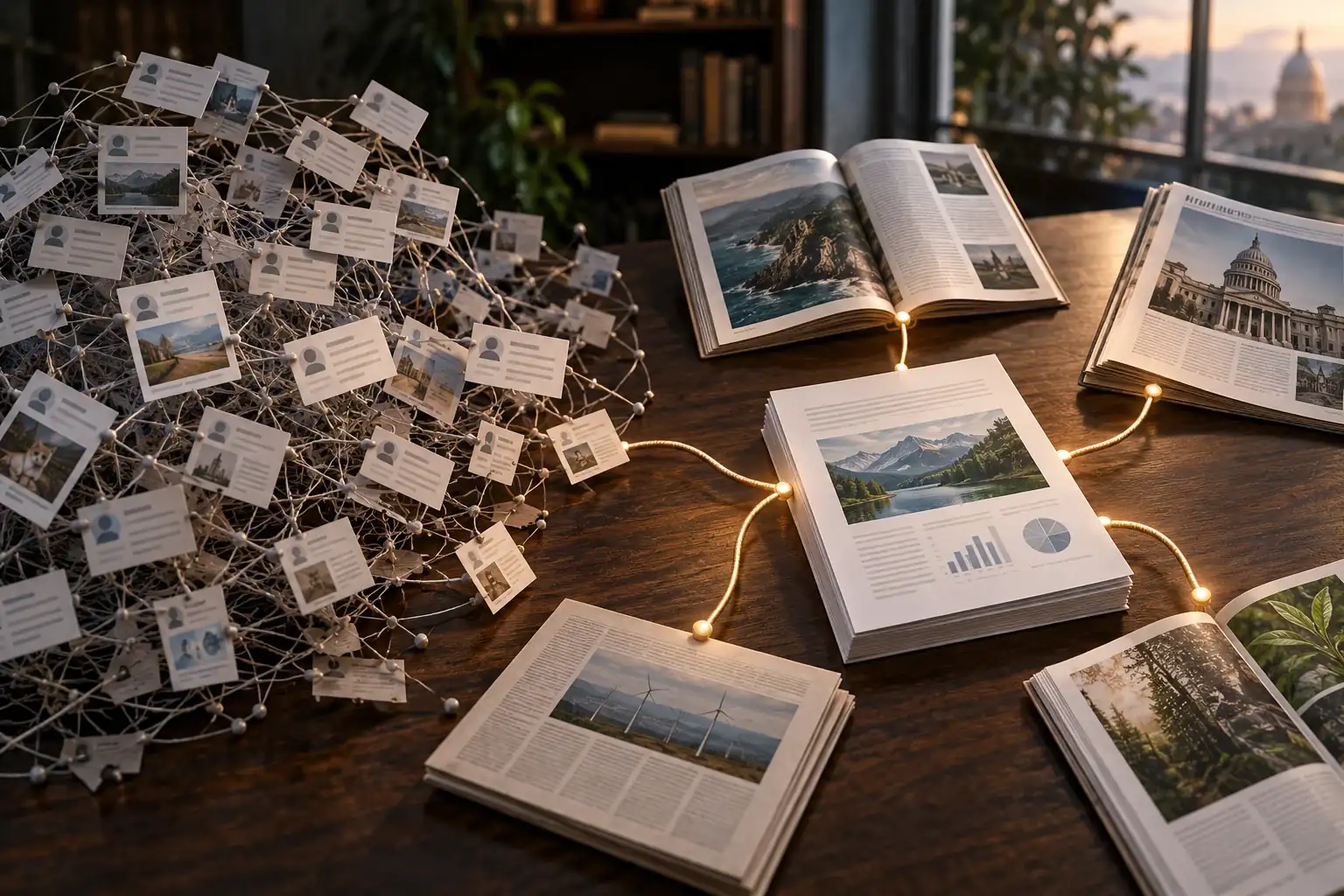 A tangled web of near-identical business cards beside open magazines carrying genuine articles