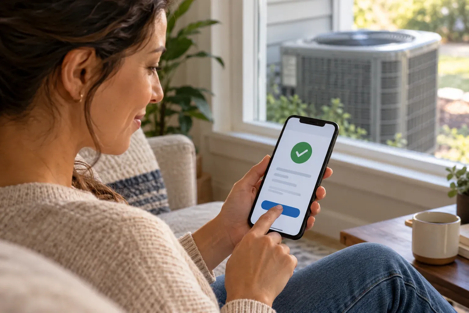 A homeowner reviewing a service enquiry form on her phone before submitting it