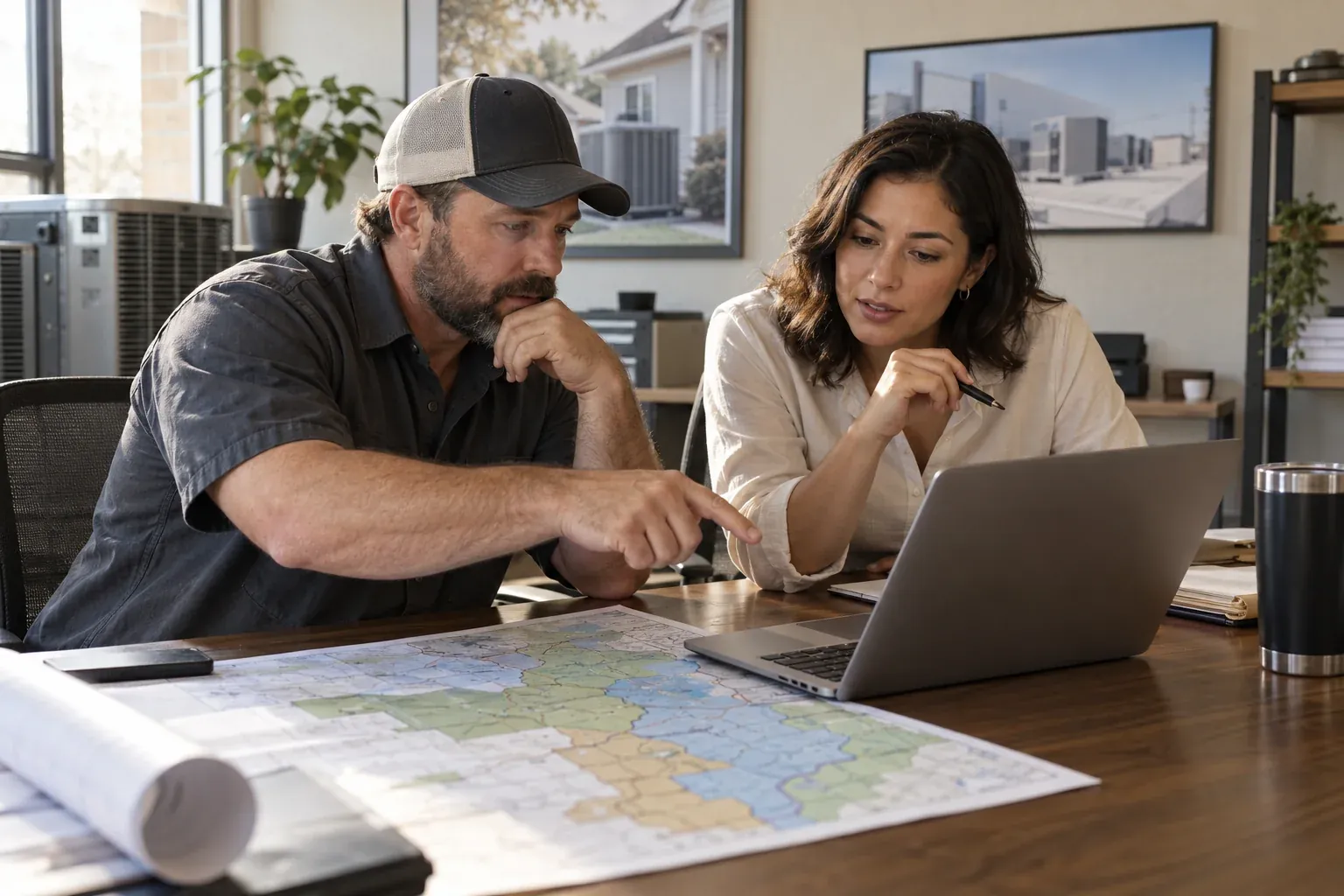 An HVAC contractor and an analyst reviewing a service area map and the work the business covers