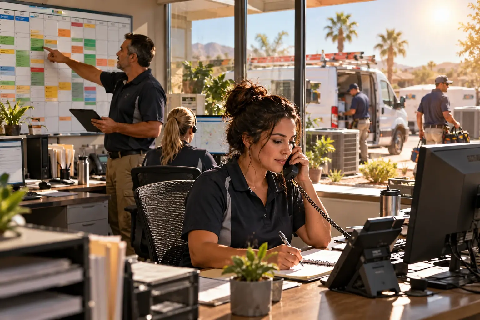 An HVAC dispatch office taking calls against a full job board, with vans loading outside