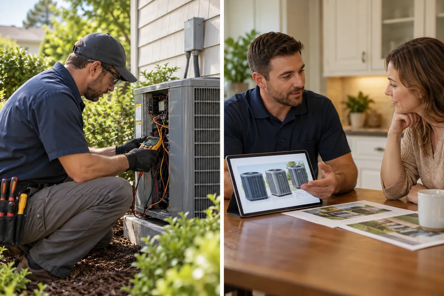 A technician diagnosing an outdoor unit, beside a salesperson showing replacement options to a homeowner
