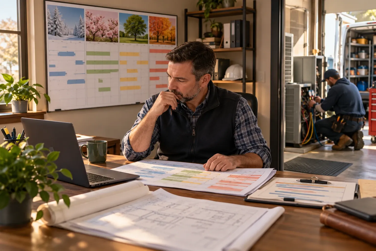 An HVAC manager reviewing a four-season planning calendar at his desk