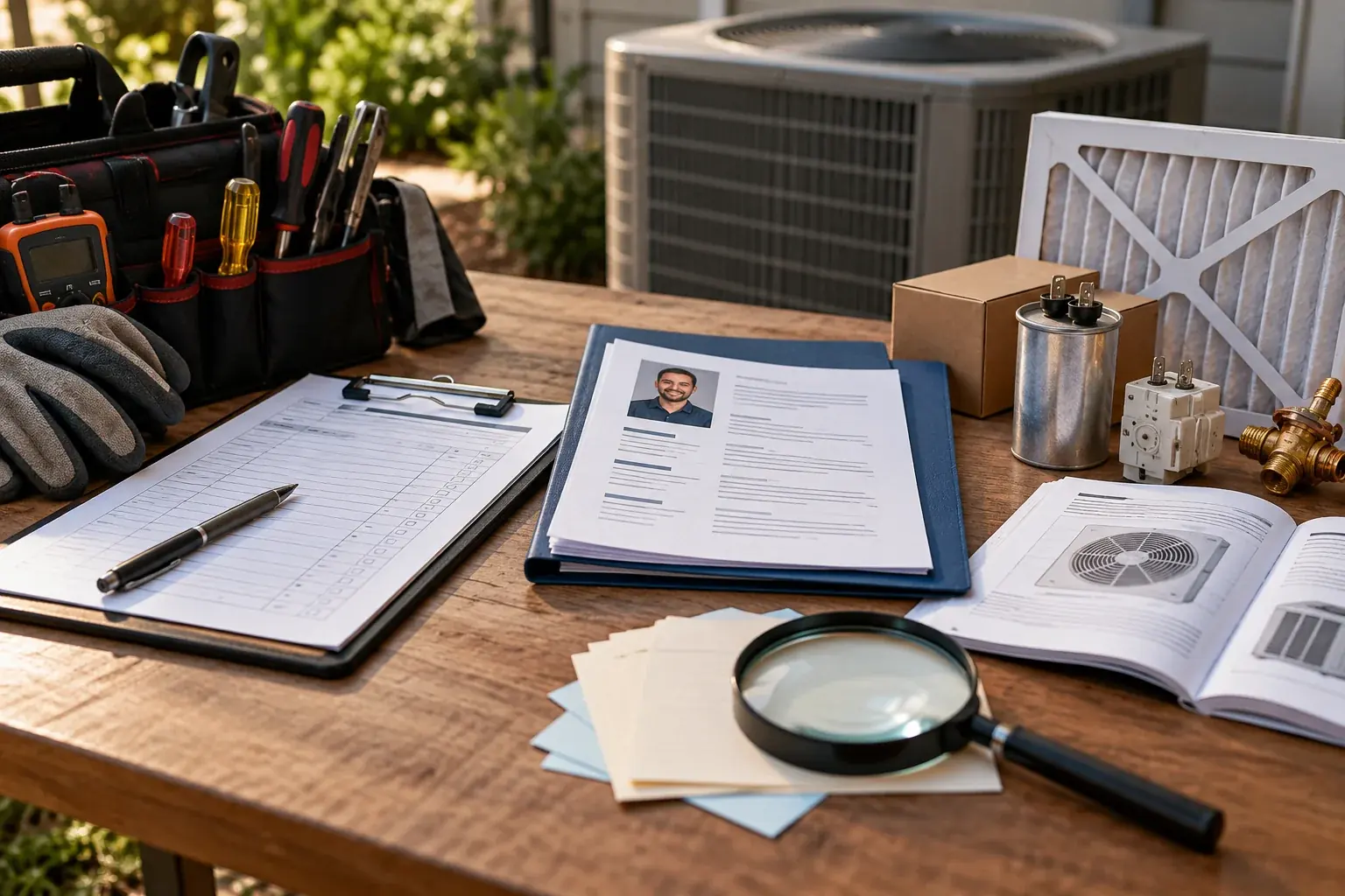 Service tools, a job application and spare parts on a desk, standing for three different search intentions