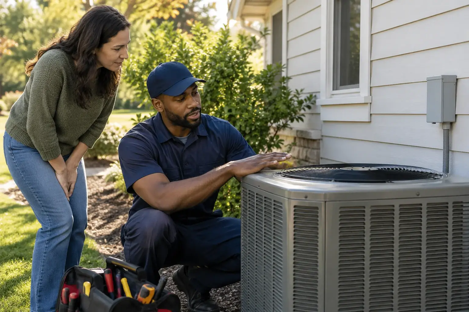 A technician inspecting an outdoor air conditioning unit while the homeowner watches