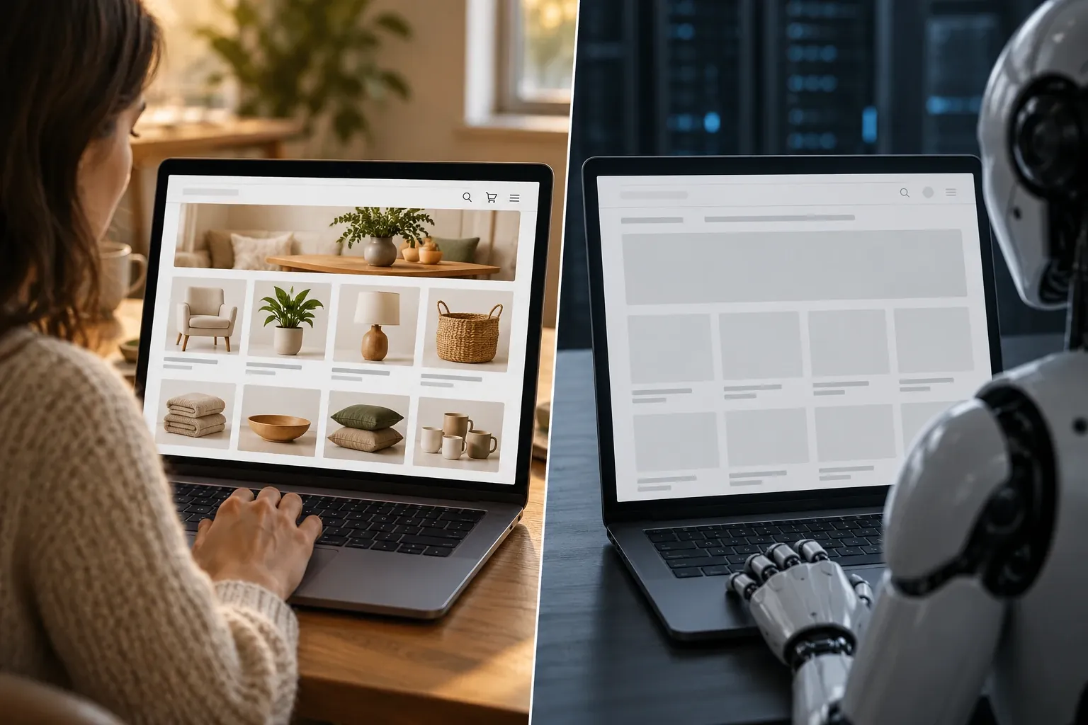 A shopper sees a fully rendered shop page while a robot sees the same page blank