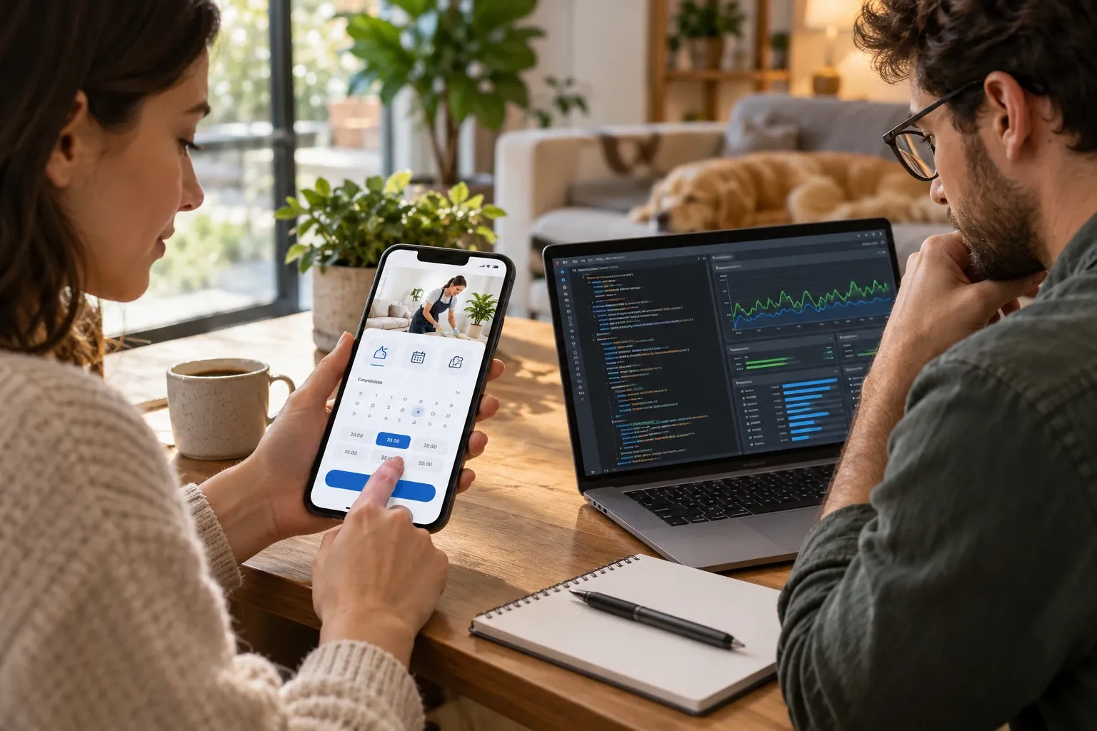 A customer booking an appointment on a phone while a developer reviews tracking data