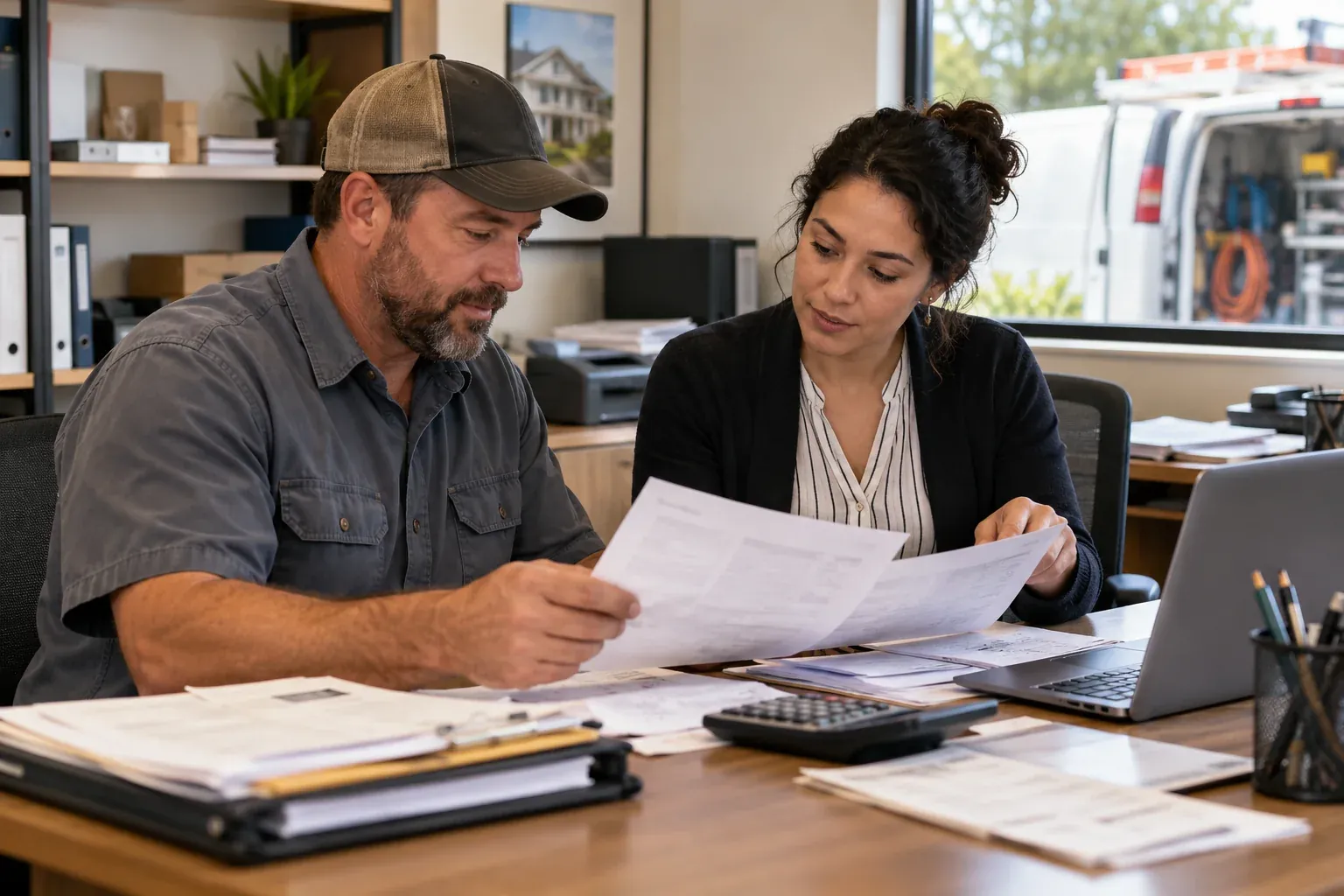 An HVAC contractor and an administrator reconciling job files against lead credit records