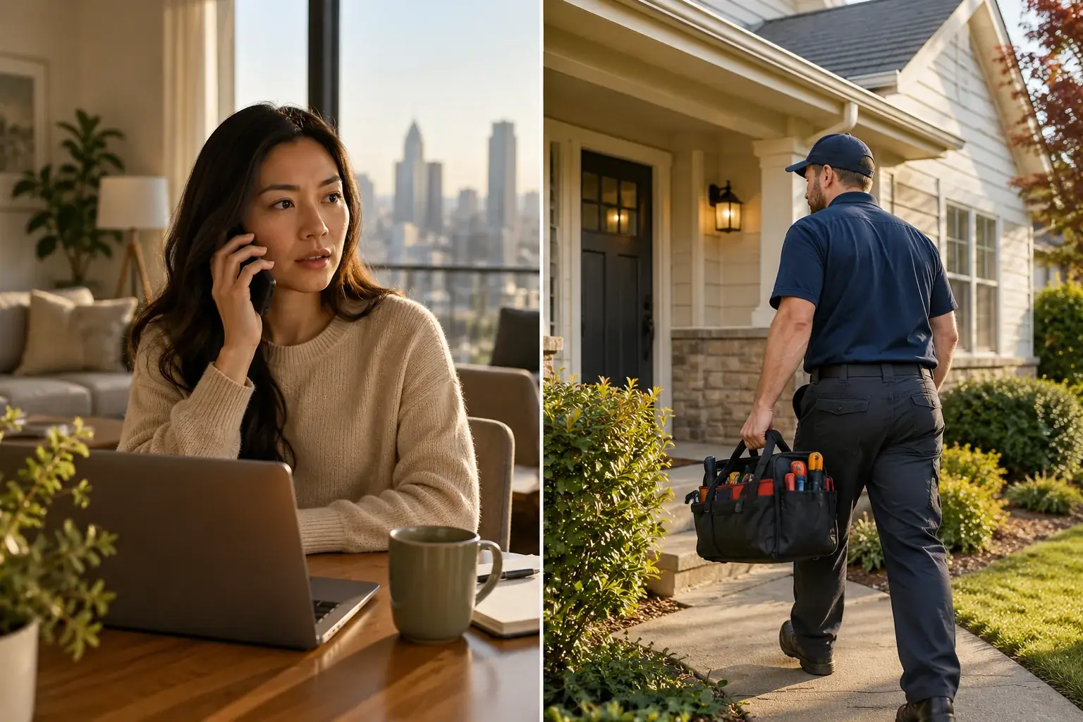 A property owner calling from a distant city while a technician arrives at her rental home