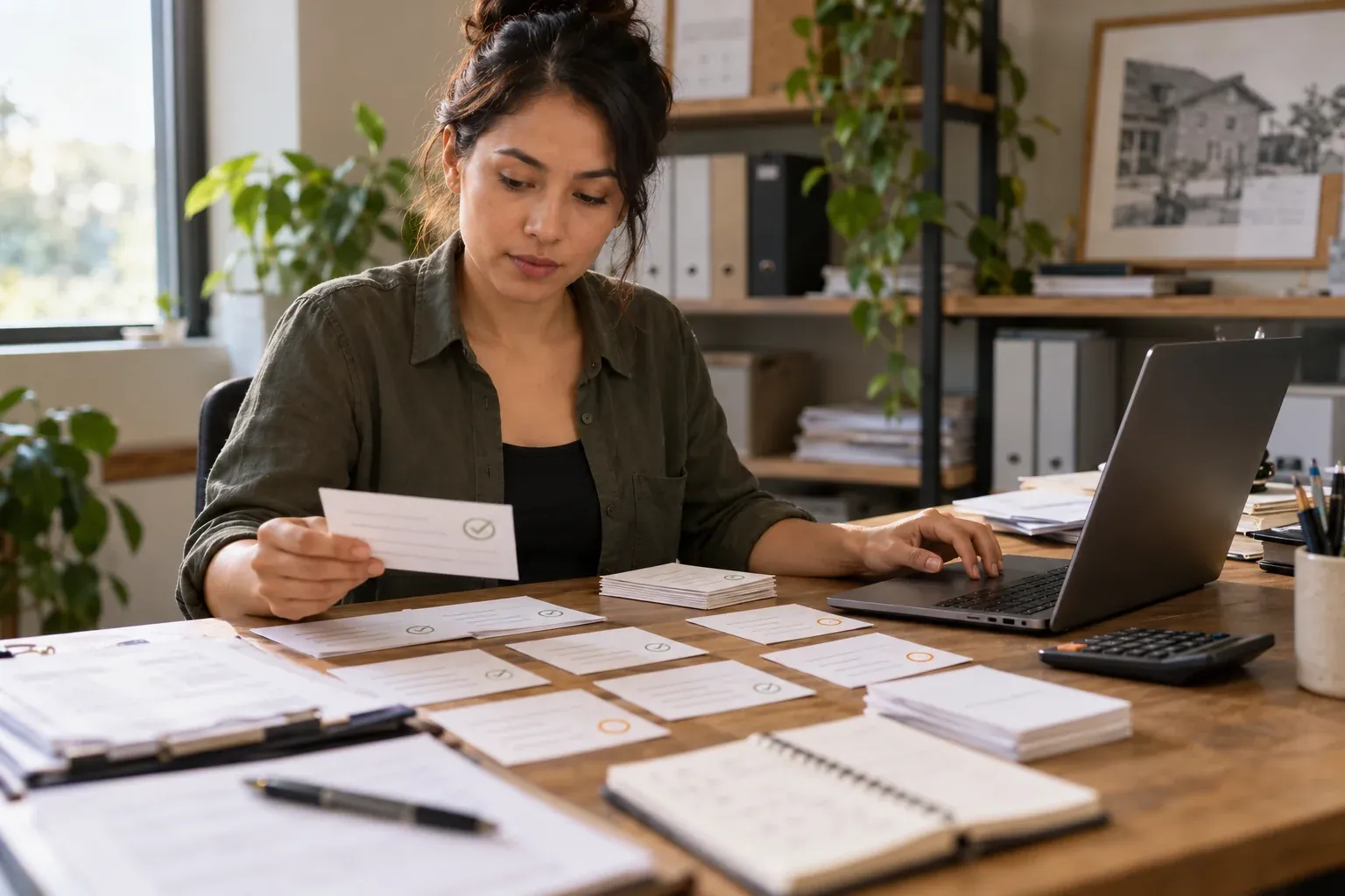 An office manager reviewing enquiry records alongside advertising charges