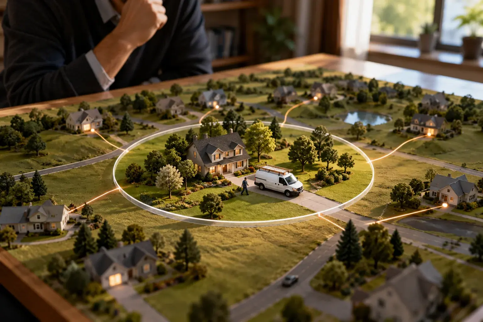 A model neighbourhood with a service van inside a drawn service boundary and homes outside it