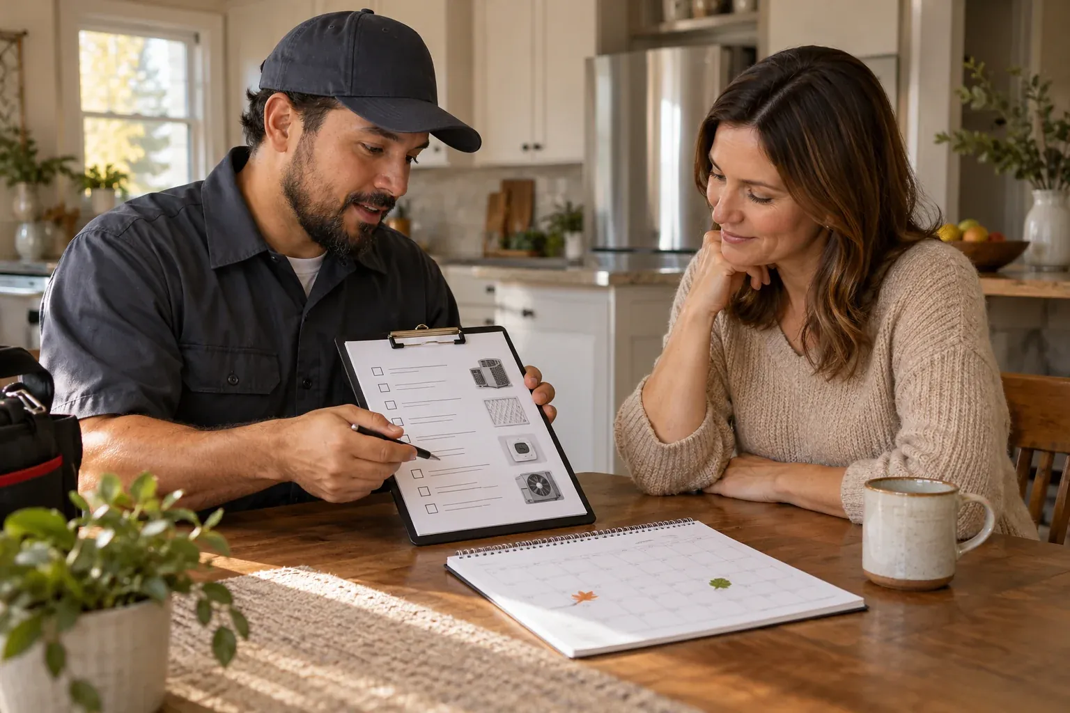 A technician walking a homeowner through a maintenance checklist and seasonal visit schedule