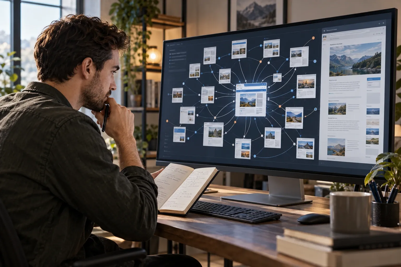 Site architecture mapped on screen, with pages linked out from a central hub page